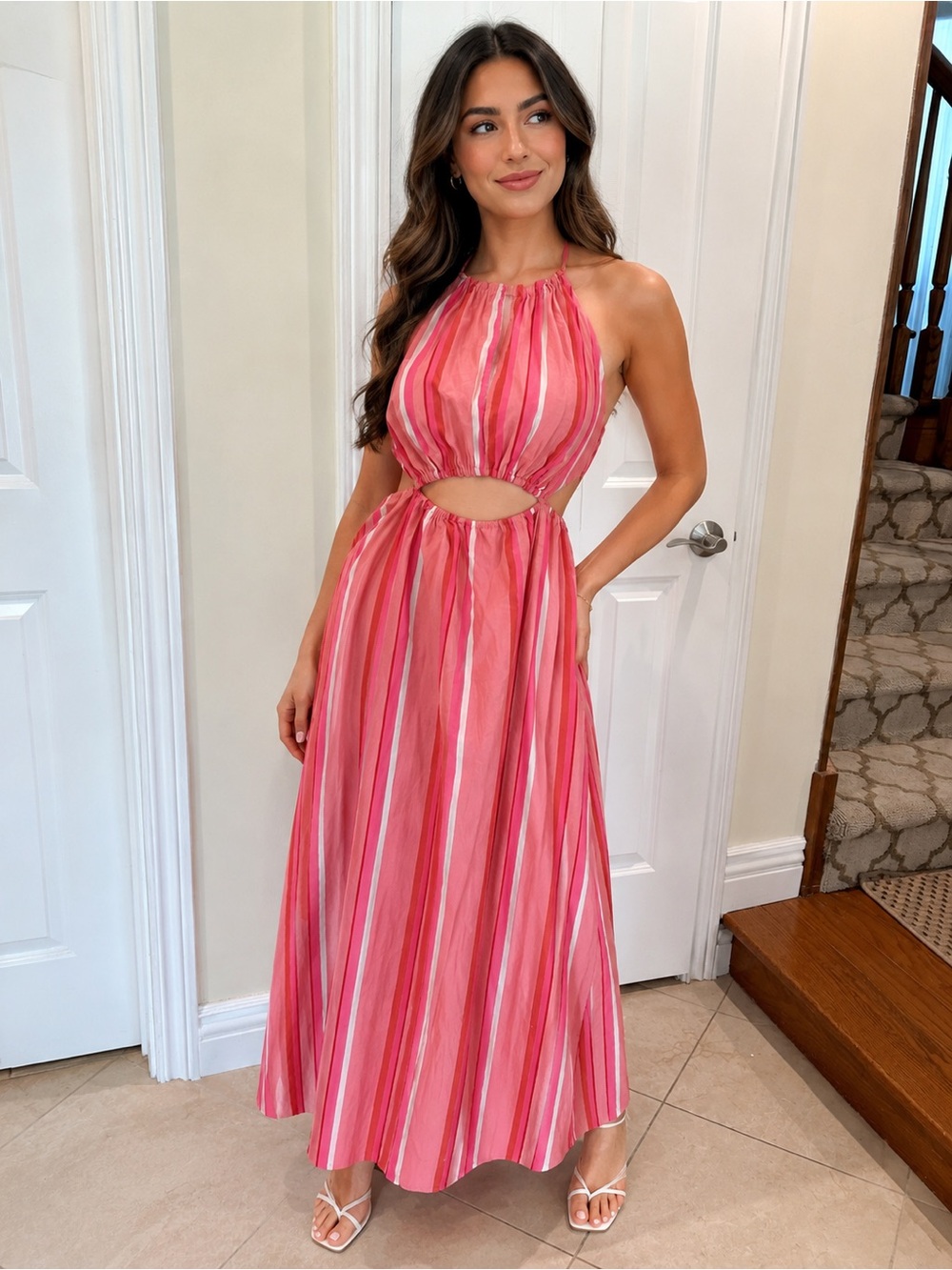 New Petal & Pup Stripe Cutout Halter Maxi Dress Open Back Summer Resort